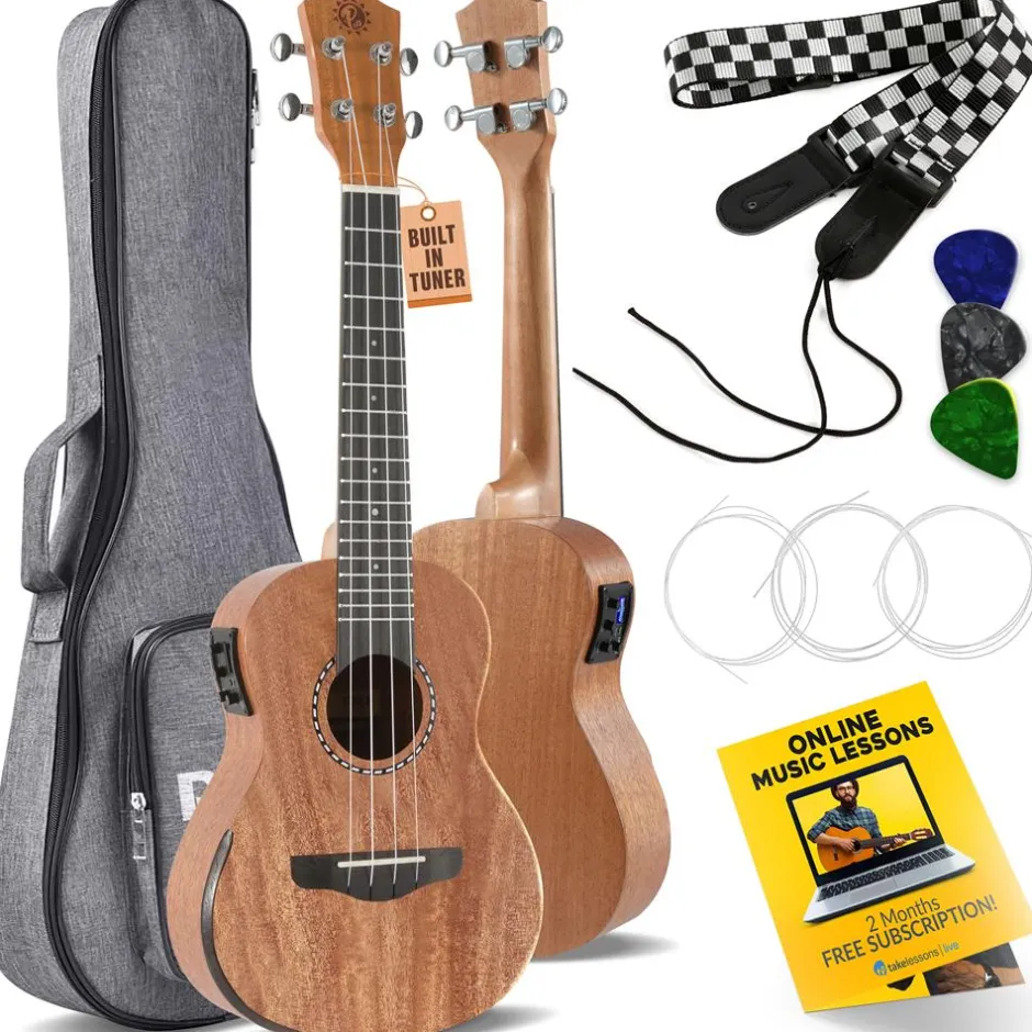 23" Acoustic Electric Ukulele, Solid Mahogany, Beveled Armrest, Natural Finish<Pyle Online