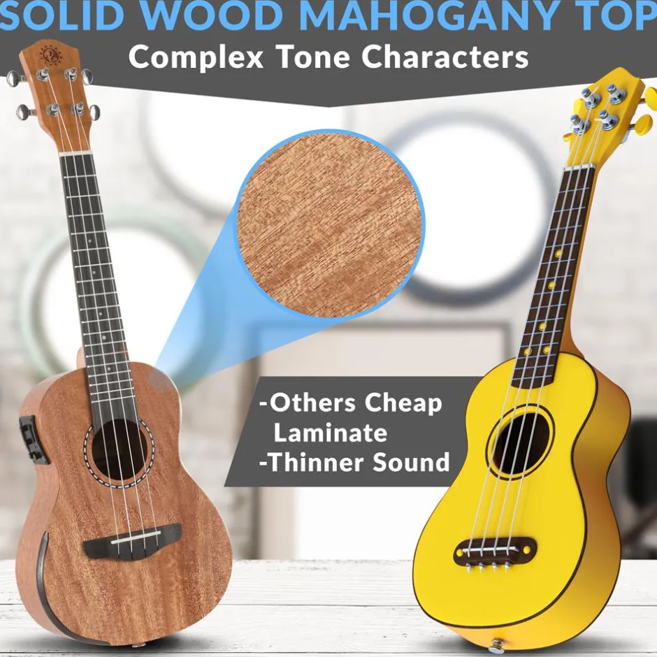 23" Acoustic Electric Ukulele, Solid Mahogany, Beveled Armrest, Natural Finish<Pyle Online