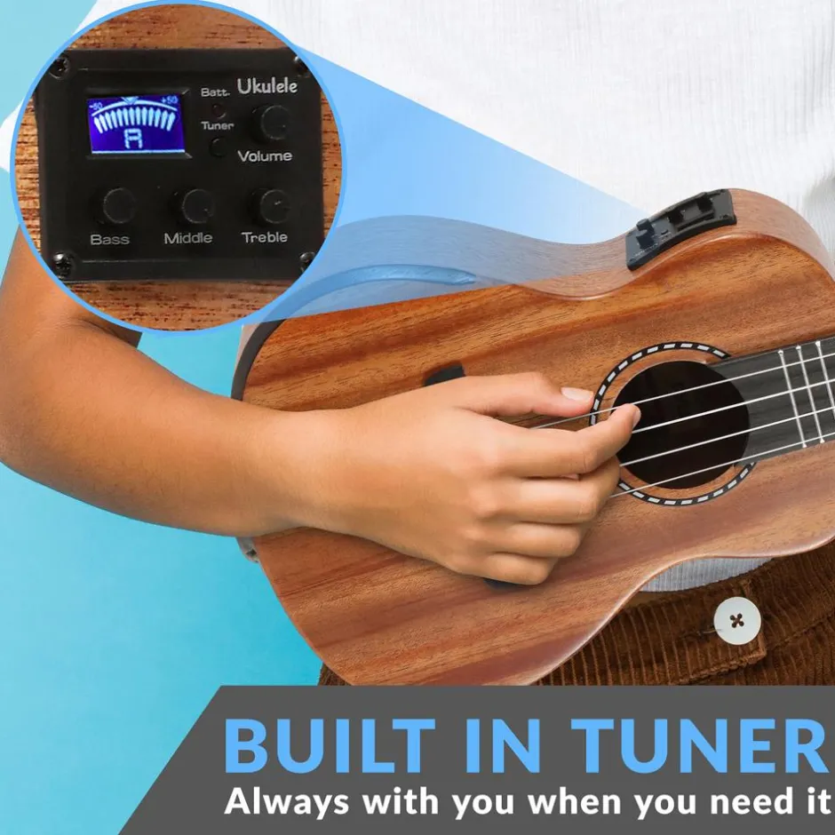 23" Acoustic Electric Ukulele, Solid Mahogany, Beveled Armrest, Natural Finish<Pyle Online