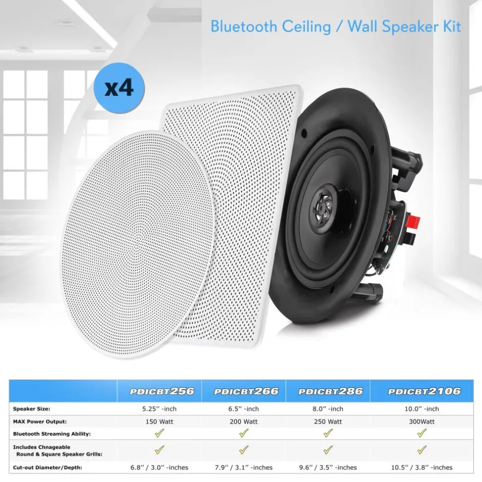 8" Bluetooth Ceiling Speaker Kit, 250W, 2-Way Stereo, Flush Mount<Pyle