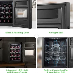 12 Bottle Wine Cooler, Adjustable Temp, Quiet Thermoelectric, Glass Door<NutriChef Clearance