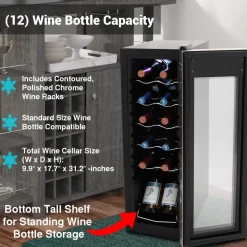 12 Bottle Wine Cooler, Compact Fridge, Digital Control, Stainless Steel<NutriChef