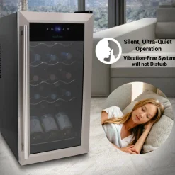 15 Bottle Wine Fridge, Adjustable Temp, Stainless Steel Door, Quiet Operation<NutriChef Online