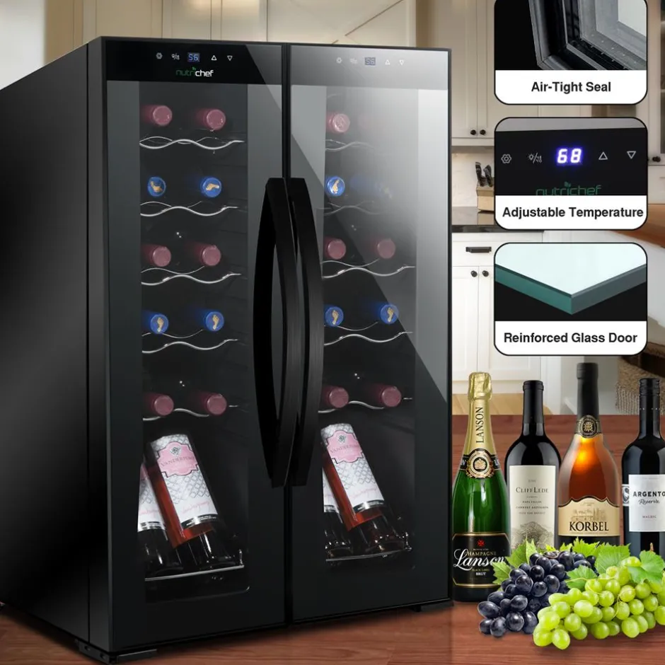 24 Bottle Wine Fridge, Dual Zone, Adjustable Temp, Glass Door, Quiet Operation<NutriChef Online