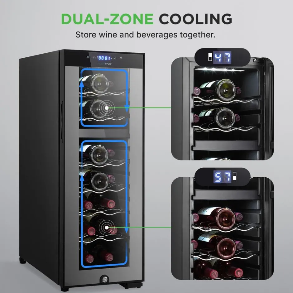 18 Bottle Wine Fridge, Dual Zone, Adjustable Temp, Quiet Operation<NutriChef Discount