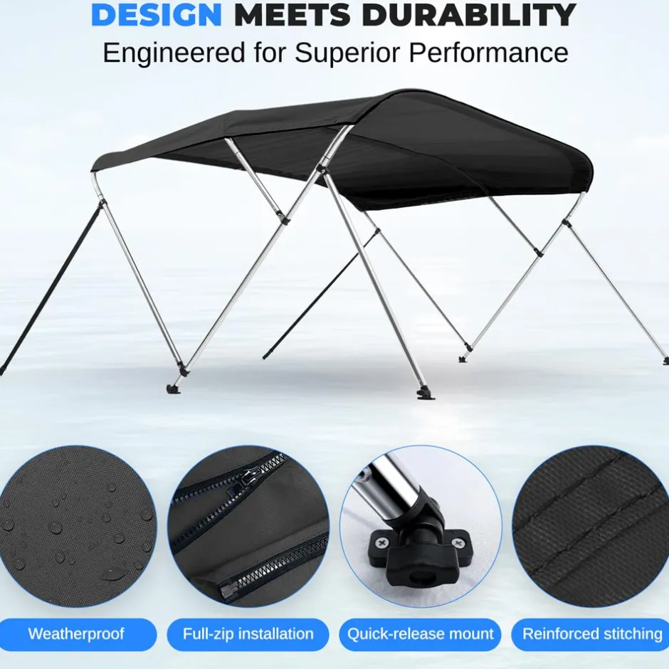 4 Bow Bimini Top Boat Cover, Waterproof UV-Resistant, Aluminum Frame, Gray<SereneLife Hot