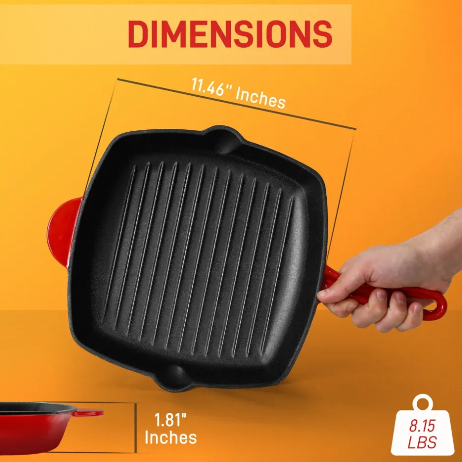 11" Cast Iron Grill Pan, Perfect Grill Marks, Porcelain Enamel Coating<NutriChef Discount