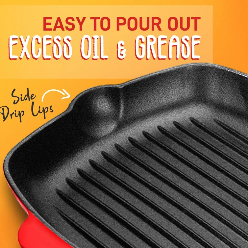11" Cast Iron Grill Pan, Perfect Grill Marks, Porcelain Enamel Coating<NutriChef Discount