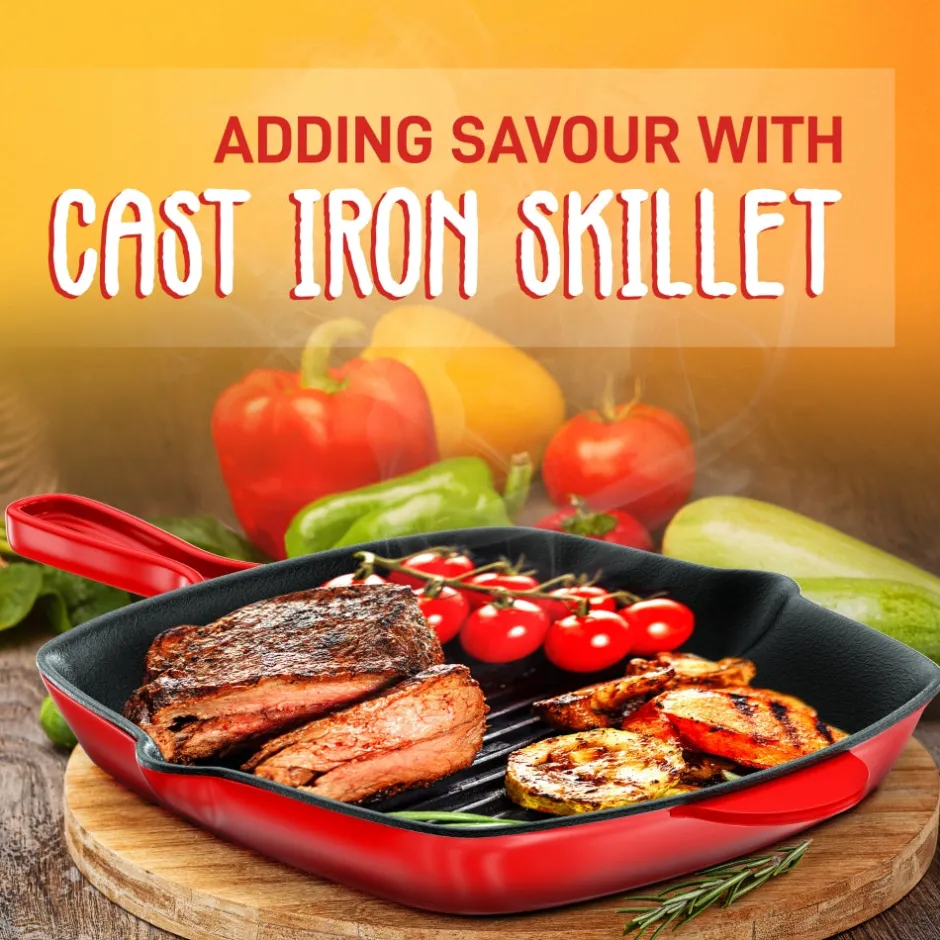 11" Cast Iron Grill Pan, Perfect Grill Marks, Porcelain Enamel Coating<NutriChef Discount