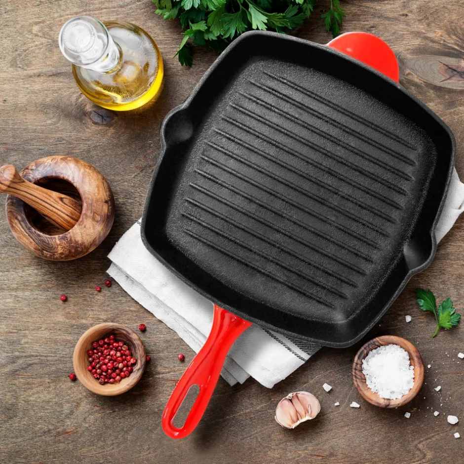 11" Cast Iron Grill Pan, Perfect Grill Marks, Porcelain Enamel Coating<NutriChef Discount