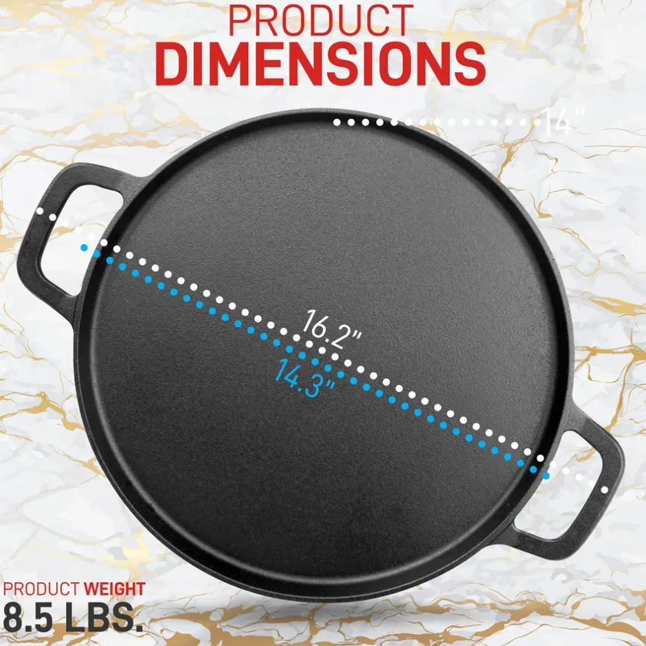 13" Cast Iron Pizza Pan - Versatile Pre-Seasoned Griddle w/ Handles<NutriChef Outlet
