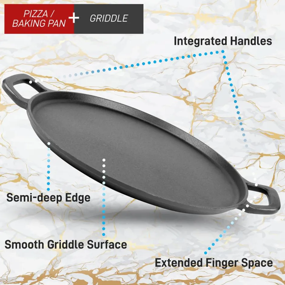 13" Cast Iron Pizza Pan - Versatile Pre-Seasoned Griddle w/ Handles<NutriChef Outlet