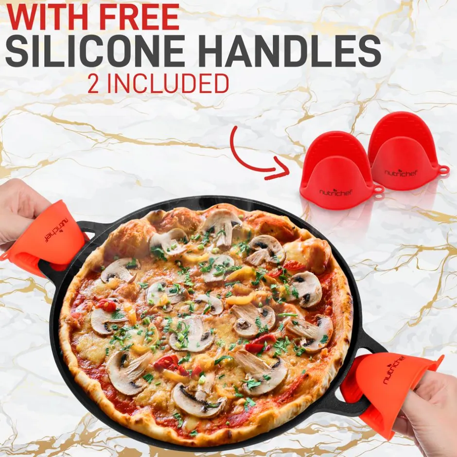 13" Cast Iron Pizza Pan - Versatile Pre-Seasoned Griddle w/ Handles<NutriChef Outlet