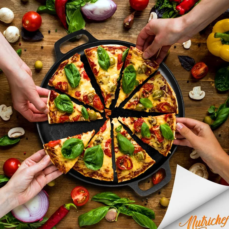 13" Cast Iron Pizza Pan - Versatile Pre-Seasoned Griddle w/ Handles<NutriChef Outlet