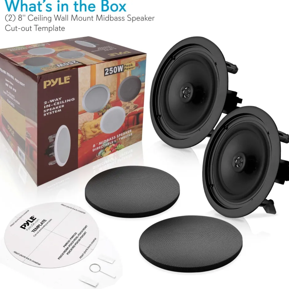 8" Ceiling Speakers Pair, Easy Install, 250W, Flush Mount<Pyle Outlet
