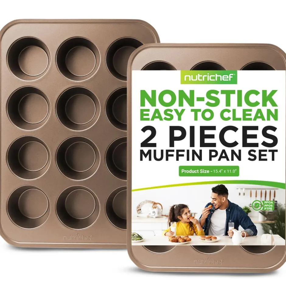 12 Cup Nonstick Muffin Pans, Easy Release Carbon Steel, Gold<NutriChef New