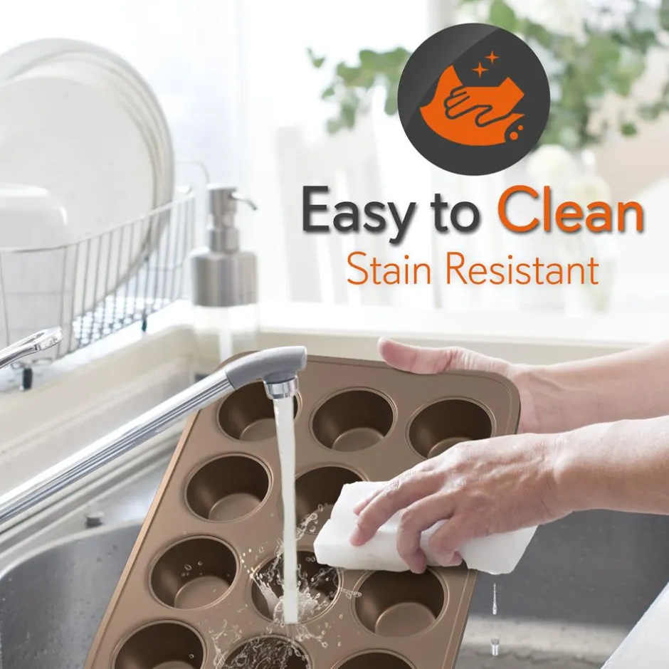 12 Cup Nonstick Muffin Pans, Easy Release Carbon Steel, Gold<NutriChef New
