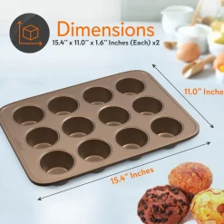 12 Cup Nonstick Muffin Pans, Easy Release Carbon Steel, Gold<NutriChef New