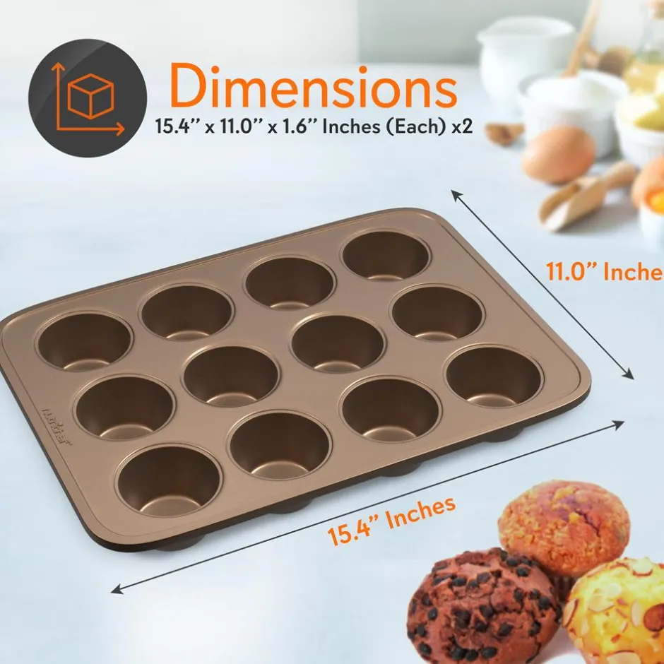 12 Cup Nonstick Muffin Pans, Easy Release Carbon Steel, Gold<NutriChef New