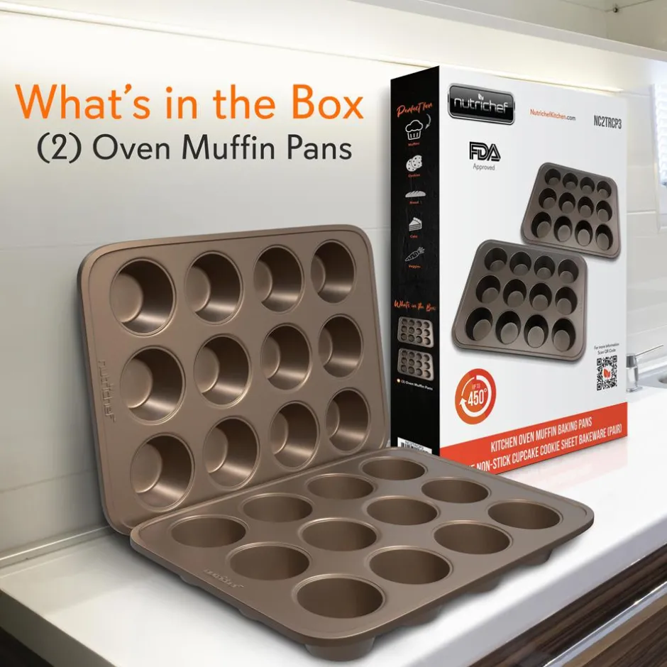 12 Cup Nonstick Muffin Pans, Easy Release Carbon Steel, Gold<NutriChef New
