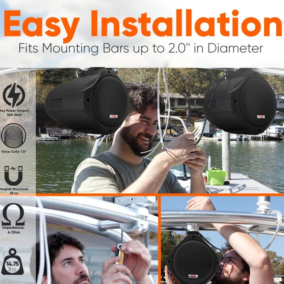 6.5" Dual Marine Speakers, 200W Waterproof, Poly Mica Cone, Black<Pyle Best