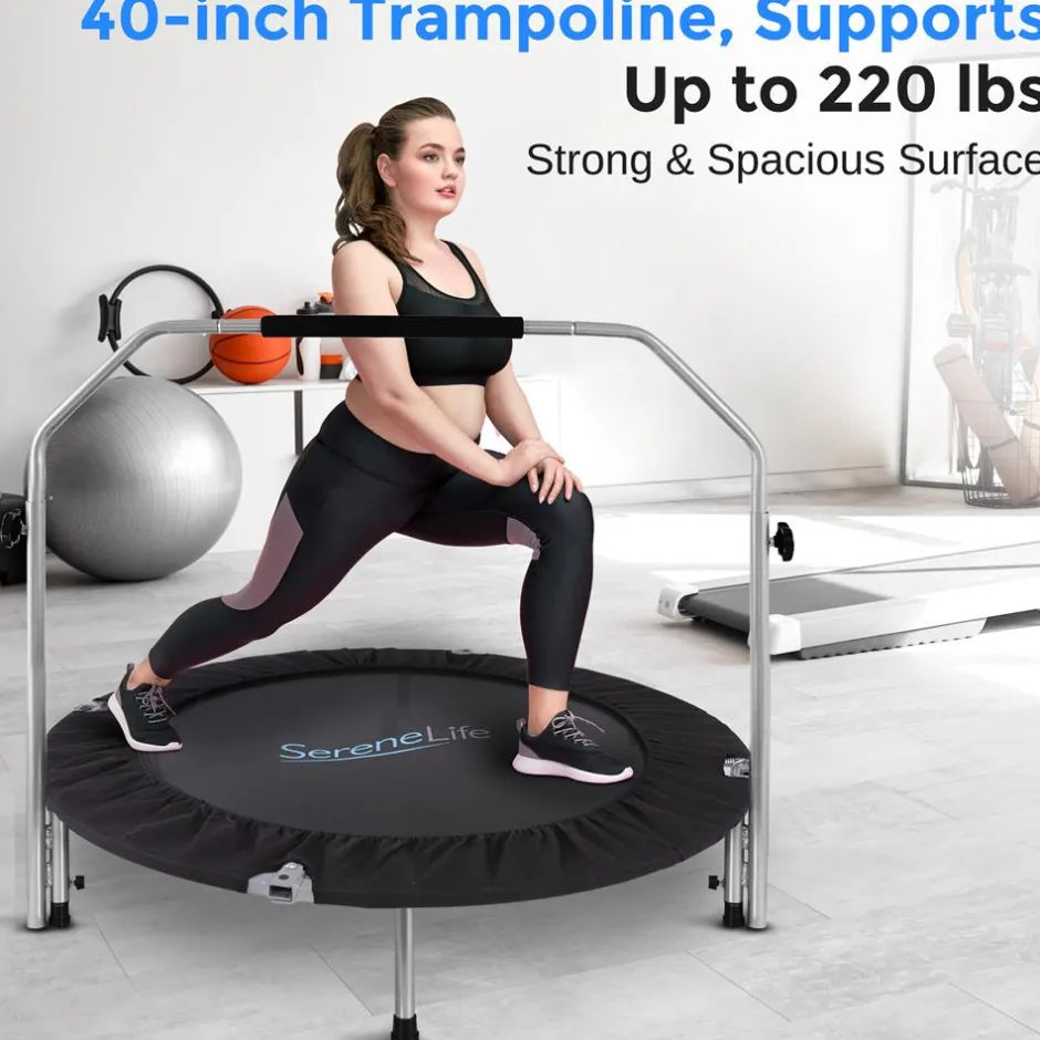 40" Foldable Mini Trampoline, Low-Impact Workout, Adjustable Handrail<SereneLife Online