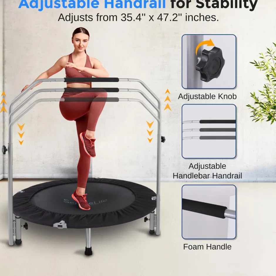40" Foldable Mini Trampoline, Low-Impact Workout, Adjustable Handrail<SereneLife Online