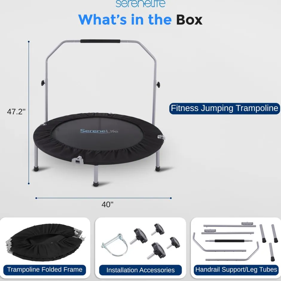 40" Foldable Mini Trampoline, Low-Impact Workout, Adjustable Handrail<SereneLife Online