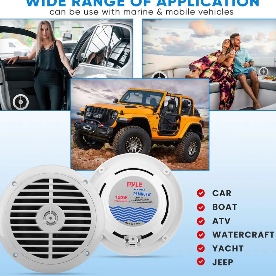 6.5" Marine Speakers Waterproof, 2 Way 120W Polyprone Cone White<Pyle New