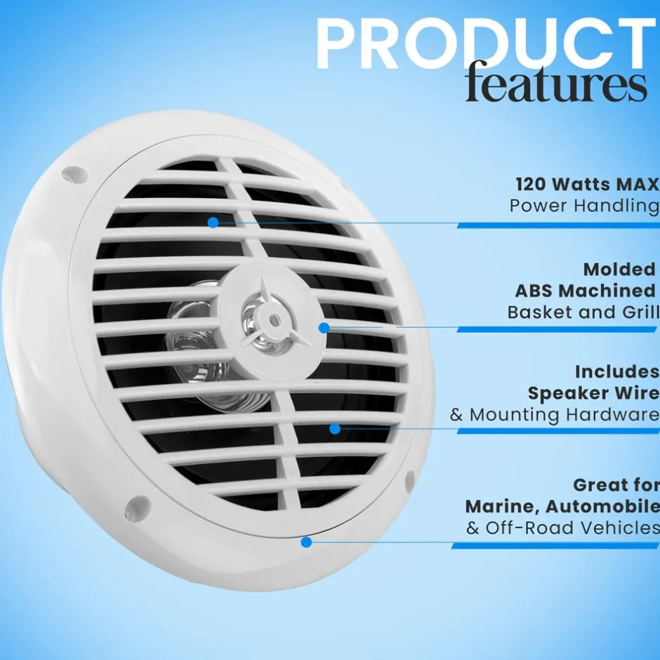 6.5" Marine Speakers Waterproof, 2 Way 120W Polyprone Cone White<Pyle New