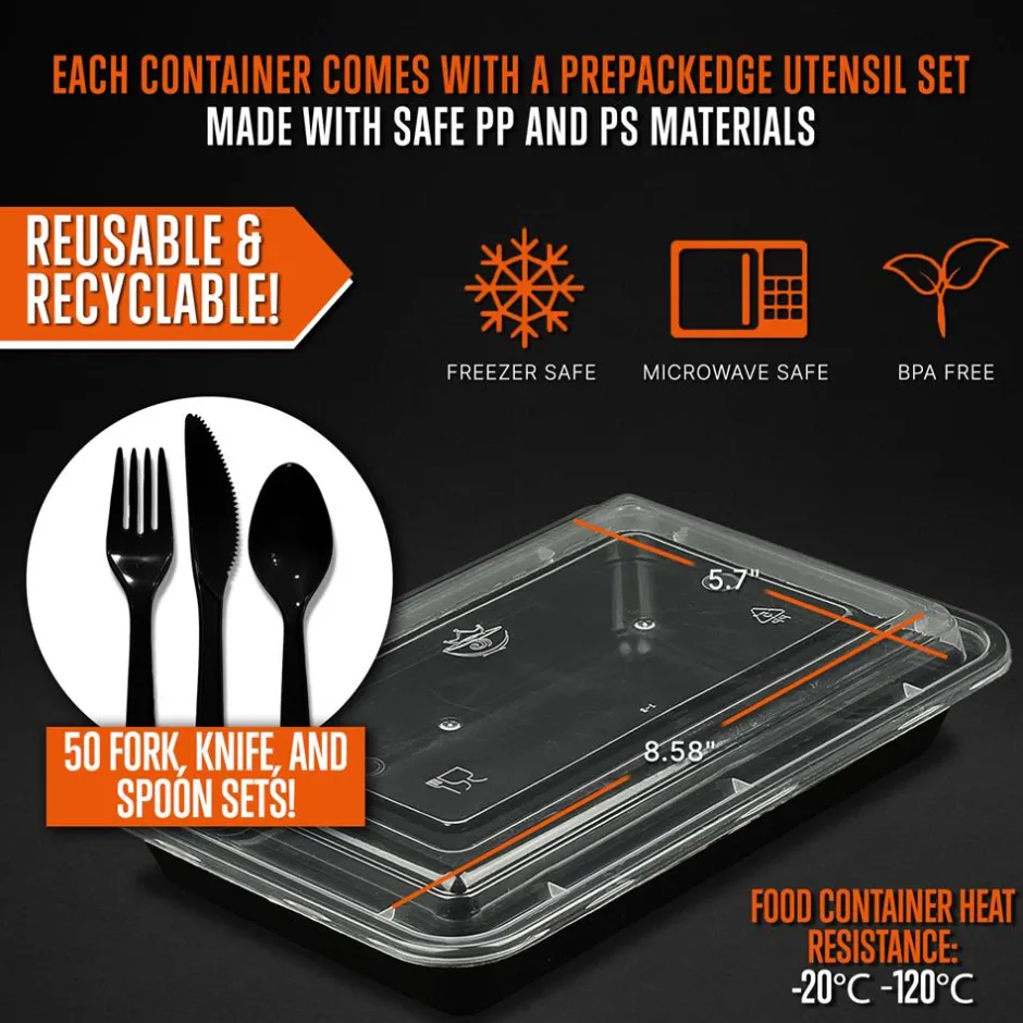 50 Meal Prep Containers 33oz Leak-Proof Microwave Safe with Utensils<SQUATZ New