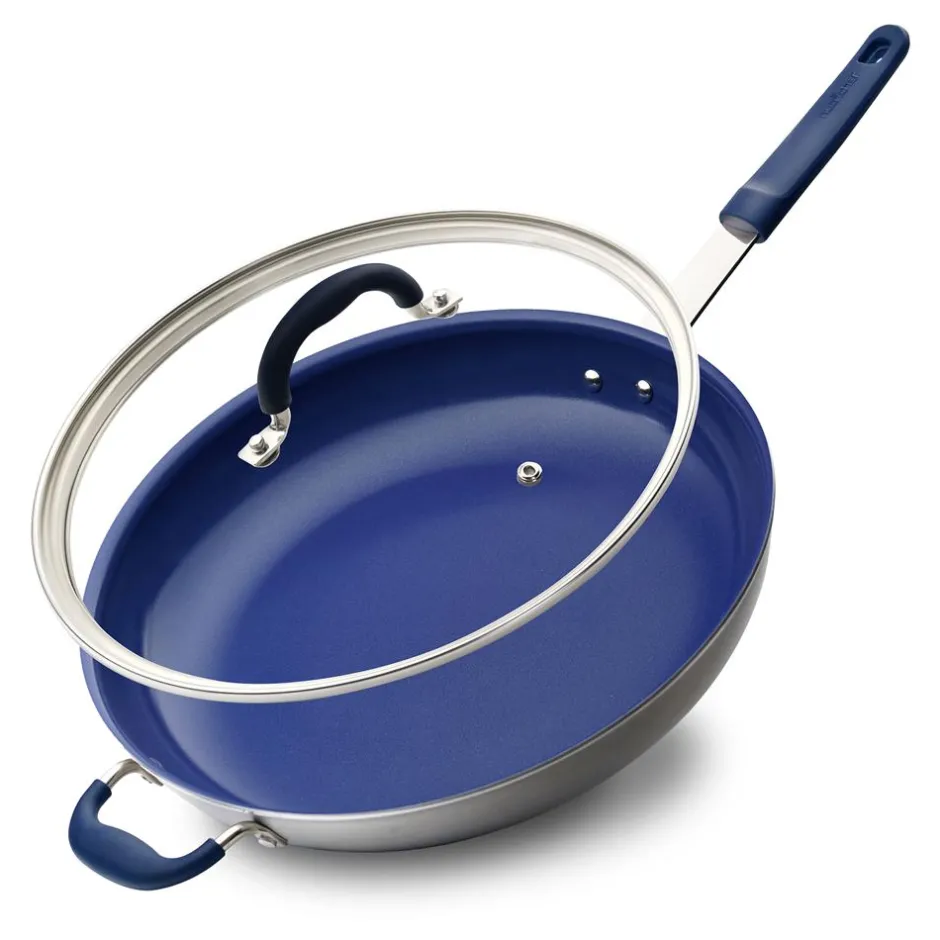 14" Nonstick Fry Pan with Lid - Easy Clean Ceramic, Blue Silicone Handle<NutriChef