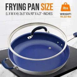 14" Nonstick Fry Pan with Lid - Easy Clean Ceramic, Blue Silicone Handle<NutriChef