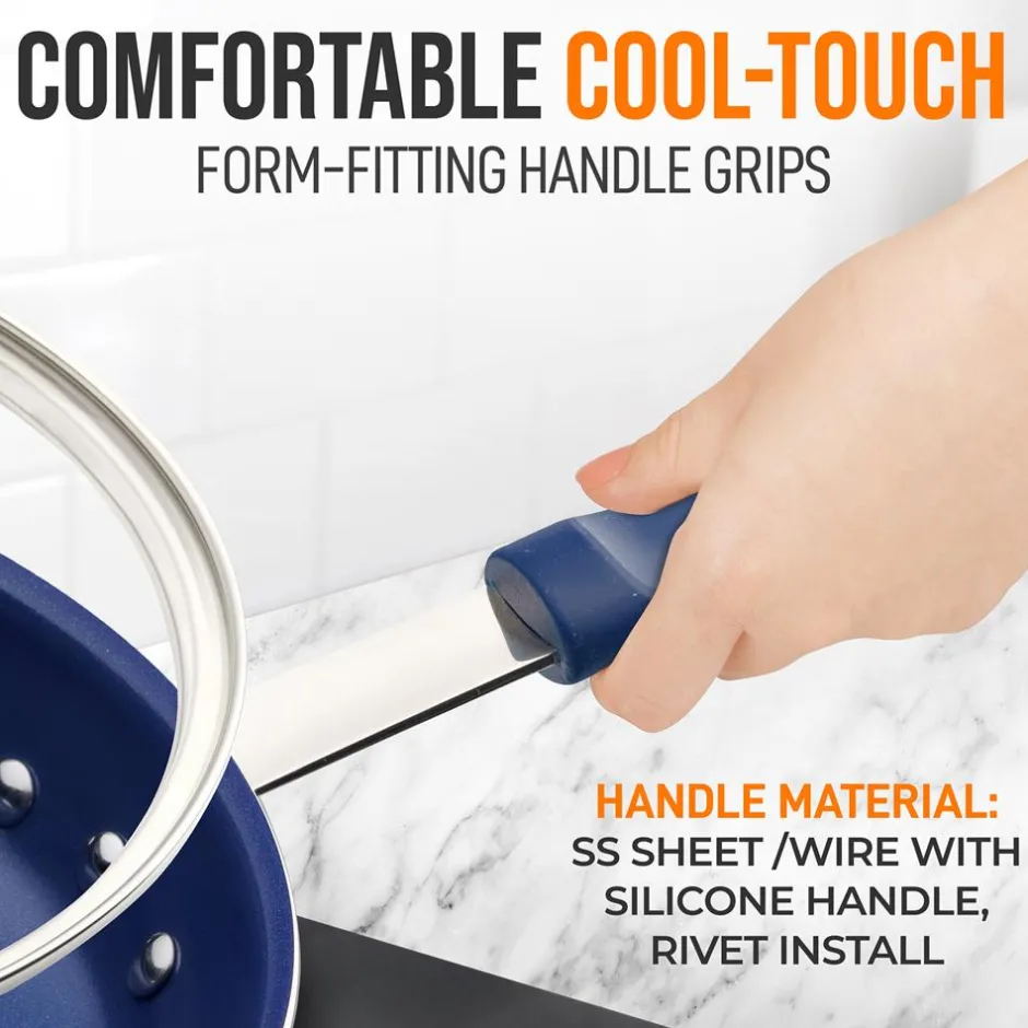 14" Nonstick Fry Pan with Lid - Easy Clean Ceramic, Blue Silicone Handle<NutriChef