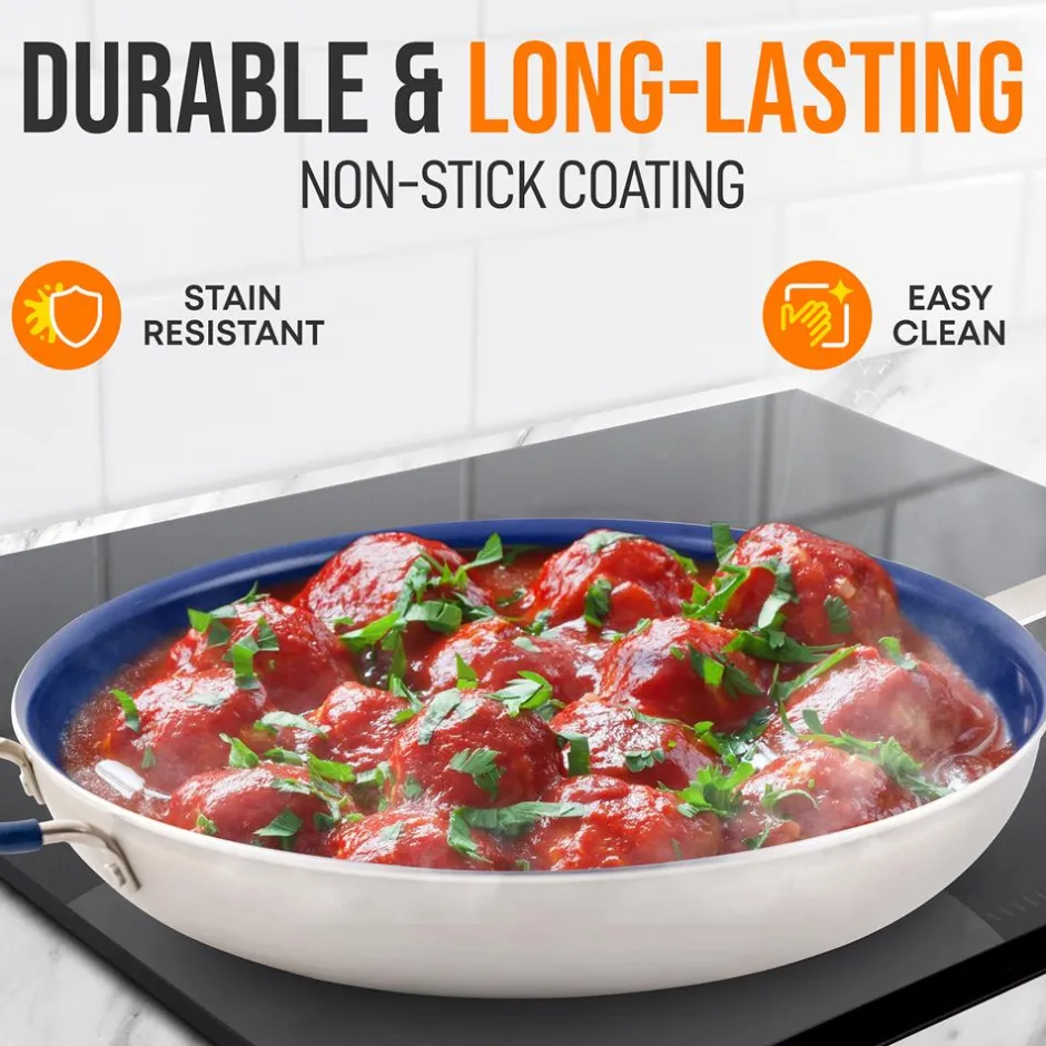 14" Nonstick Fry Pan with Lid - Easy Clean Ceramic, Blue Silicone Handle<NutriChef
