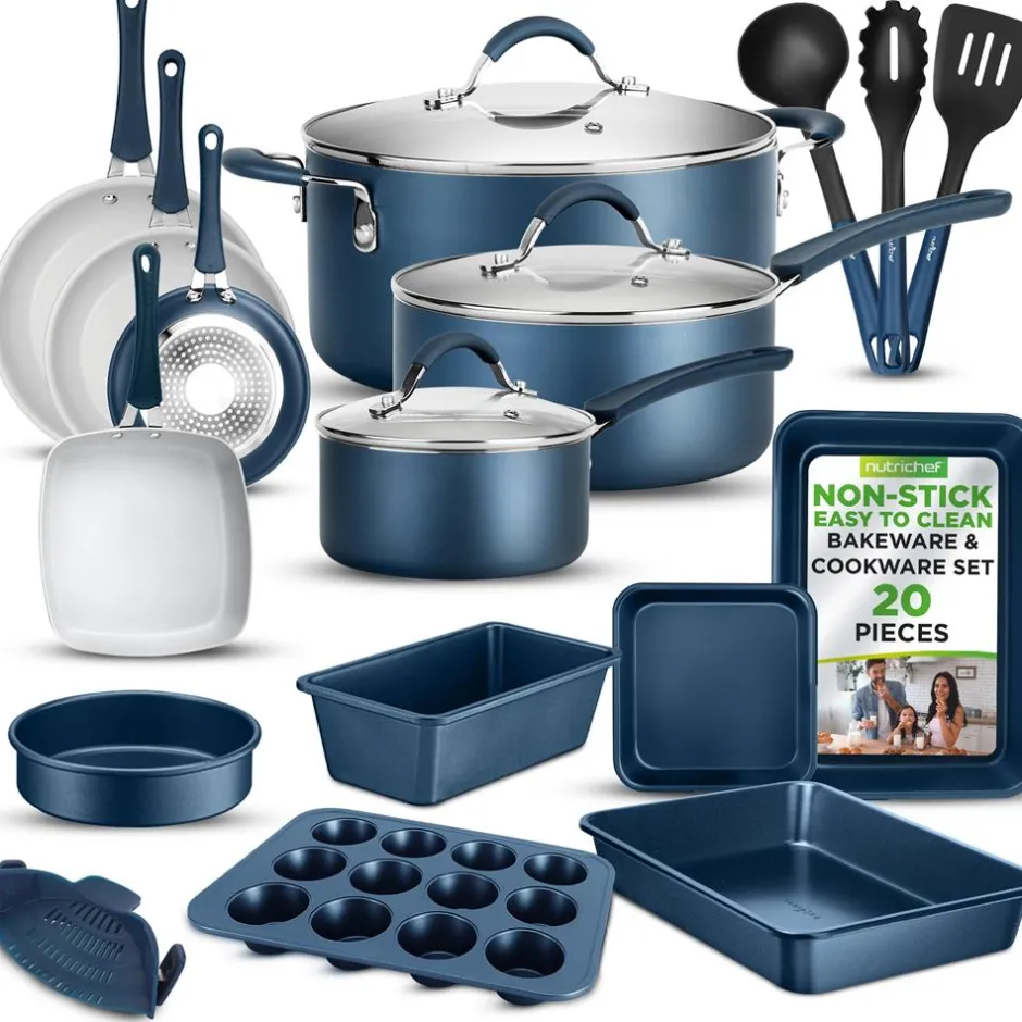 20 Pc Kitchen Set - Even Cooking Non-Stick Coating, Navy Blue<NutriChef Clearance