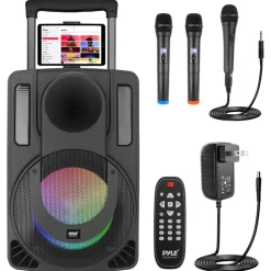 10" Portable PA Speaker - Karaoke System, Bluetooth, LED Lights, 2 Mics<Pyle Hot