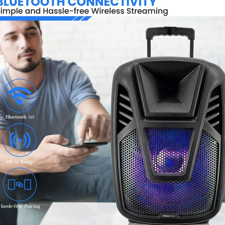 15" Portable Speaker - Wireless Streaming, LED, Wheels, Rechargeable Battery<Pyle