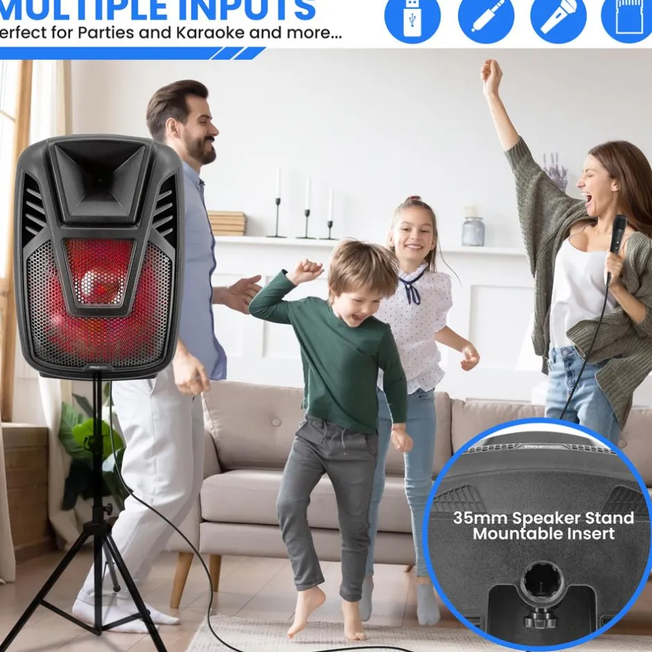 15" Portable Speaker - Wireless Streaming, LED, Wheels, Rechargeable Battery<Pyle