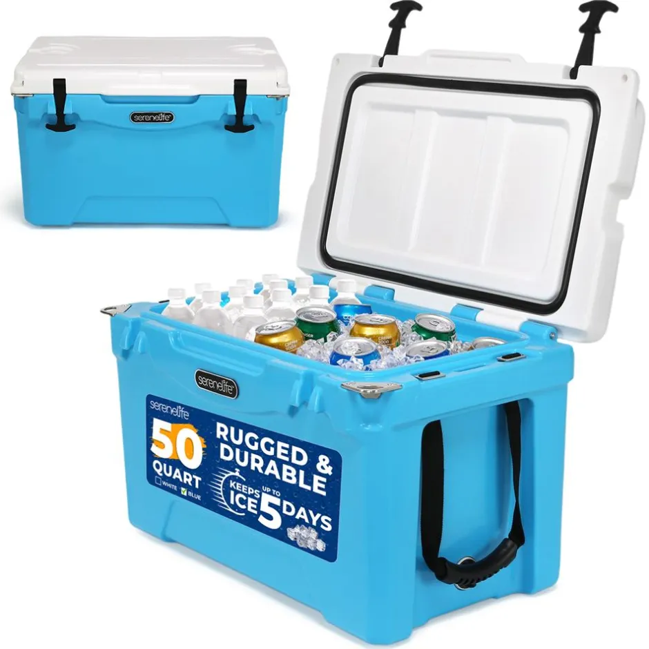 50 Qt Cooler Box, 5-Day Ice Retention, Heavy-Duty Insulation, Blue<SereneLife Clearance