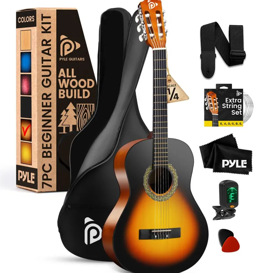 Acoustic Guitar Kit, Beginner-Friendly, 30" Sunburst, Nylon Strings<Pyle Online