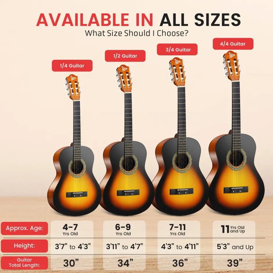 Acoustic Guitar Kit, Beginner-Friendly, 30" Sunburst, Nylon Strings<Pyle Online