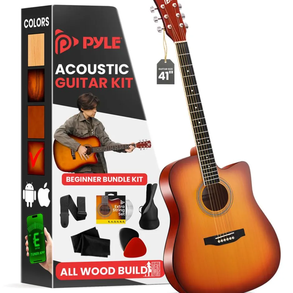Acoustic Guitar Kit, Easy Play, Cutaway Design, 41" Cherry Burst<Pyle