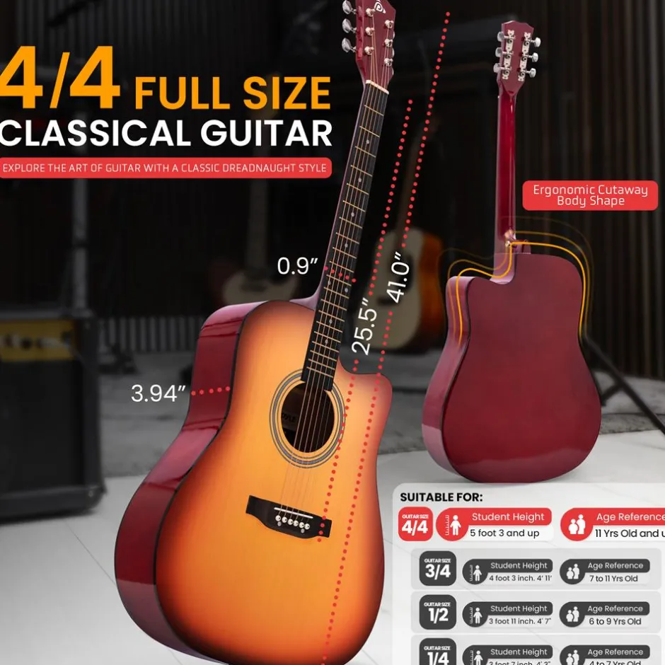 Acoustic Guitar Kit, Easy Play, Cutaway Design, 41" Cherry Burst<Pyle