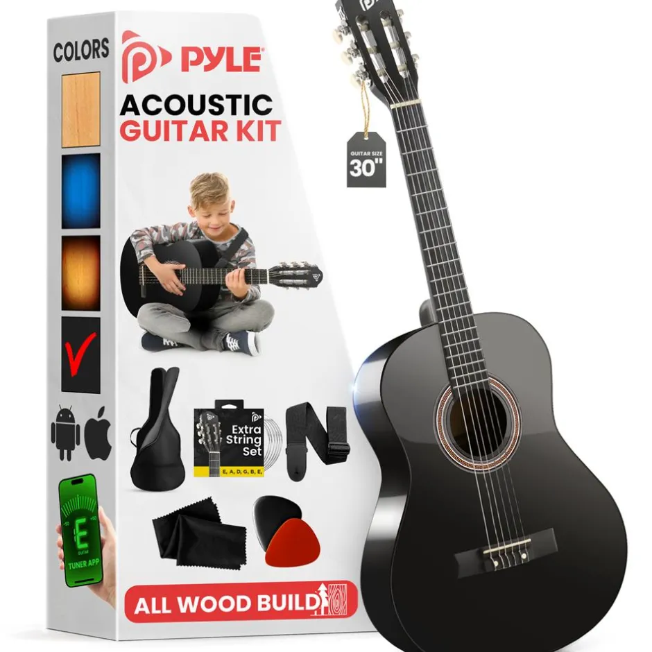 Acoustic Guitar Kit, Perfect for Beginners, 30" Wood, Black Matte<Pyle Best