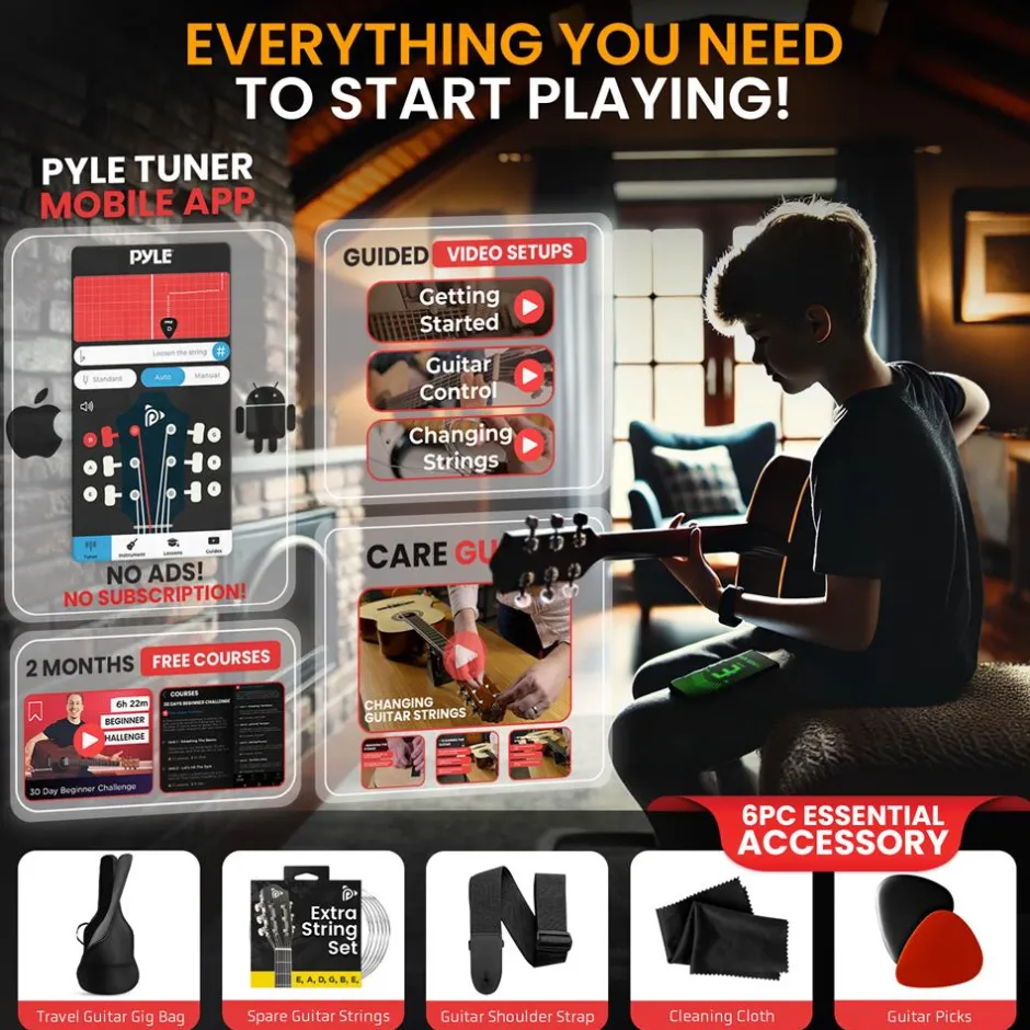 Acoustic Guitar Kit, Perfect for Beginners, 30" Wood, Black Matte<Pyle Best