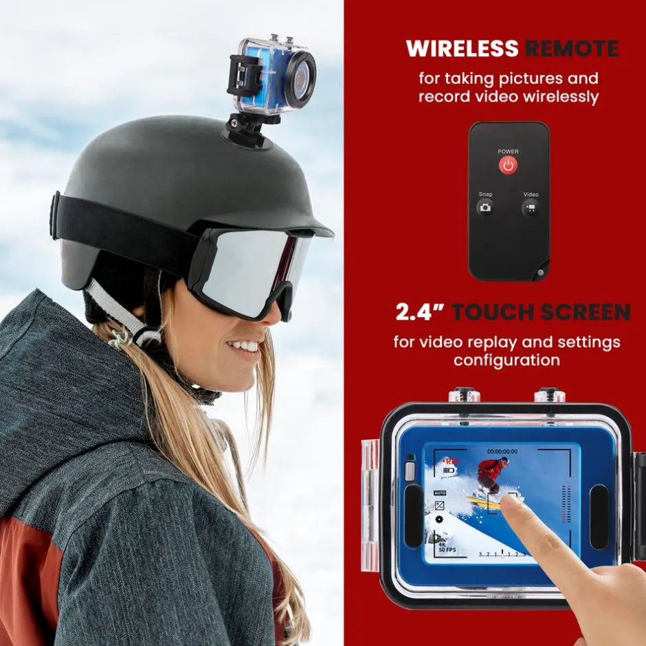 Action Camera HD 1080P Waterproof 12MP Touch Screen Blue<Pyle Hot