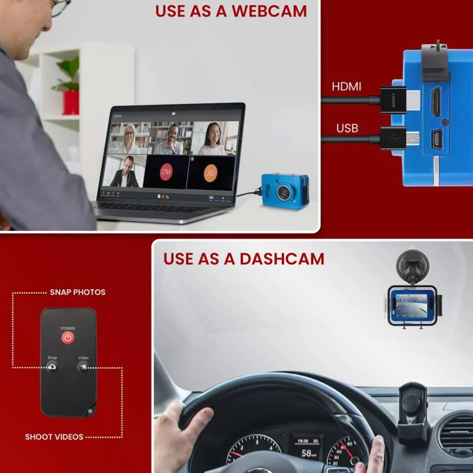Action Camera HD 1080P Waterproof 12MP Touch Screen Blue<Pyle Hot