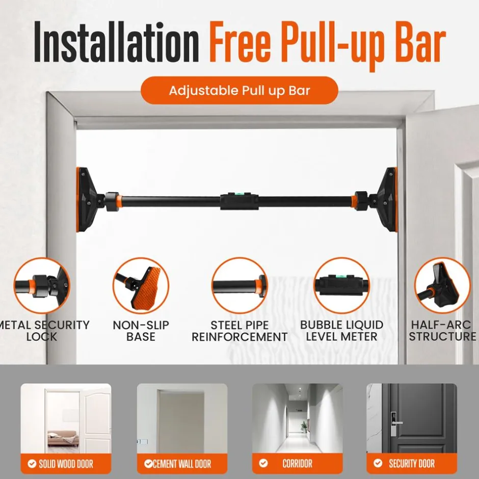 Adjustable Pull-Up Bar, No-Screw, Steel, Non-Slip, 43-62"<SQUATZ Hot