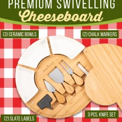 Bamboo Cheese Board Set, Extra Large, 13" Round, Includes Knives & Bowls<NutriChef Online